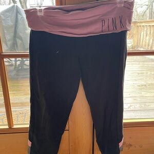 PINK Fold-Over Waist Capri Leggings in Black and Mauve Pink